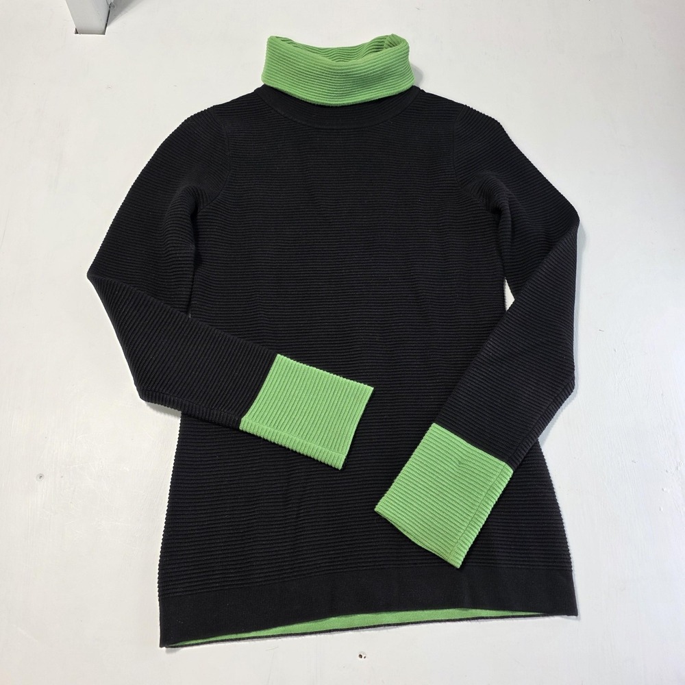 YU.K. Sweater Womens Medium Black Green Ribbed Turtleneck Stretch Knit Pullover